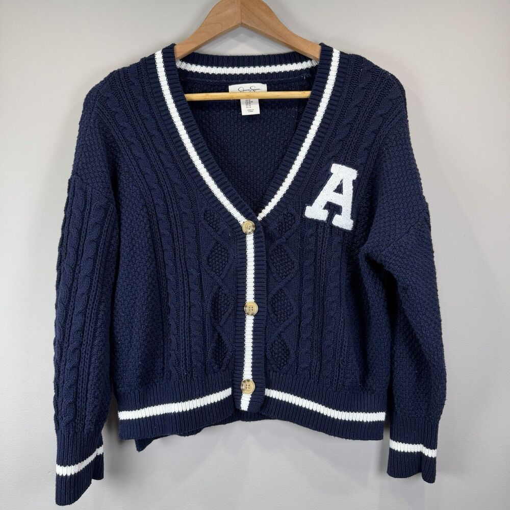 Jessica Simpson Women's Size M Preppy Core Cable Knit V-Neck Sweater Navy Blue